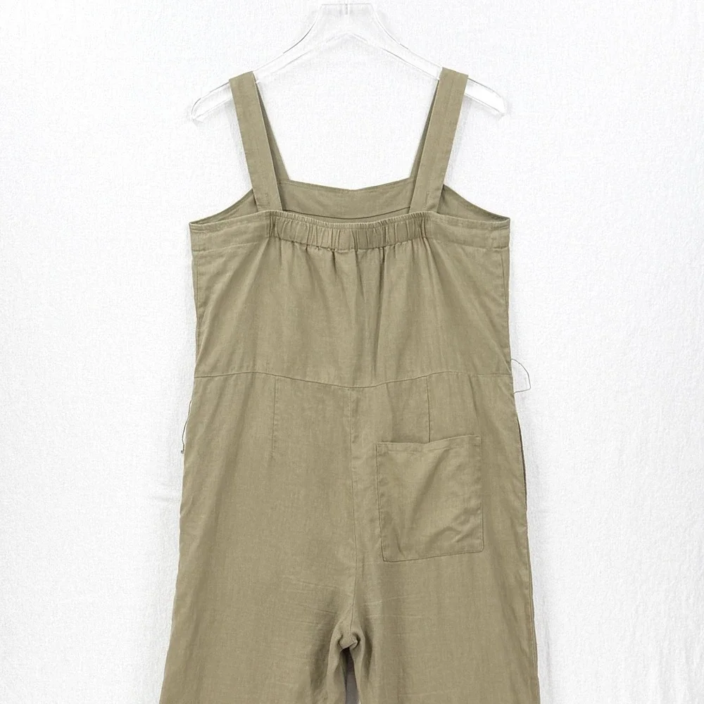 QUINCE Square Neck Linen Jumpsuit Women Medium Olive Green Belted Sleeveless